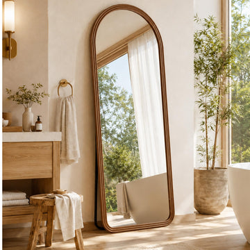 24x65 Inch Wood Arched Full Length Floor Mirror, Red Walnut
