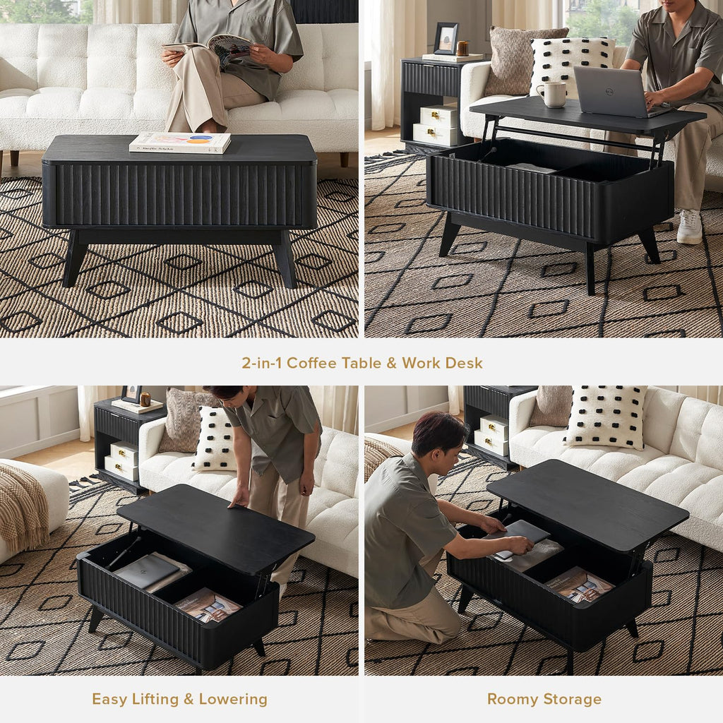 Brooklyn Lift Top Coffee Table, Dining Table, Fluted (Black Oak)