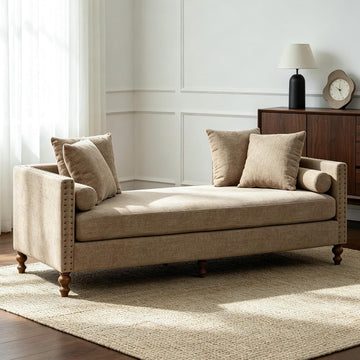 75'' Taupe End of Bed Bench with Nailhead Trim,Upholstered Chenille Chaise Lounge with 4 Throw Pillows&2