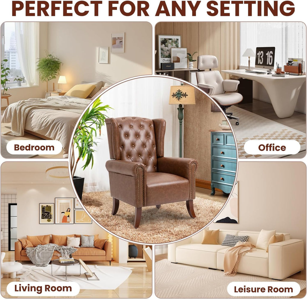 PU Leather Accent Chair Set of 2, Modern Upholstered Living Room Chair Sofa Chair with Wooden Legs, Wingback Armchair