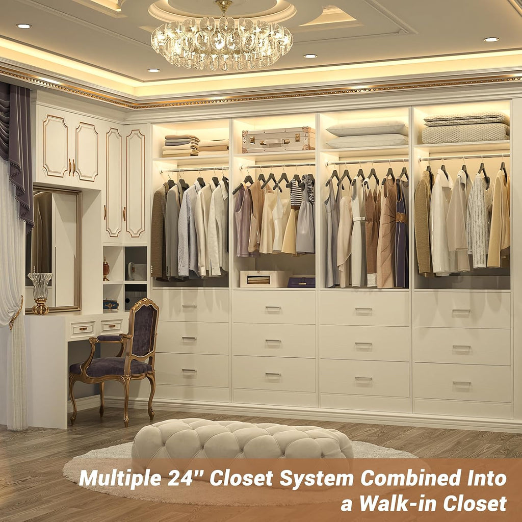 8FT Closet Systems with 12 Wood Drawers, Closet System Set of 4 | 96" Closet Organizer System with 4 Hanging Rods & 4