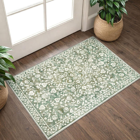 2x3 Washable Vintage Floral Entryway Rug, Thin Non-Slip Carpet for Kitchen Bedroom Sage Green
