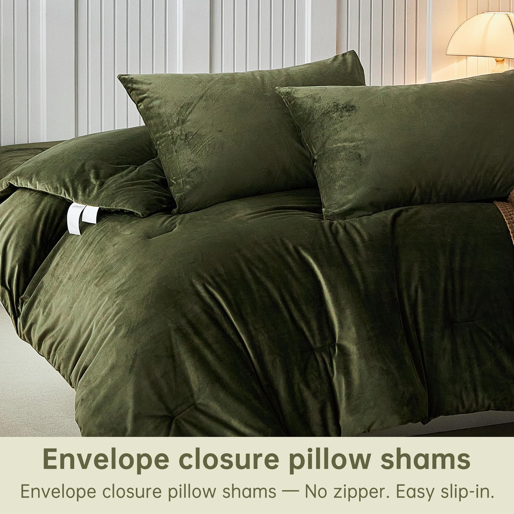 Velvet Comforter Set, Luxury Olive Green Soft Lightweight 3‐Piece