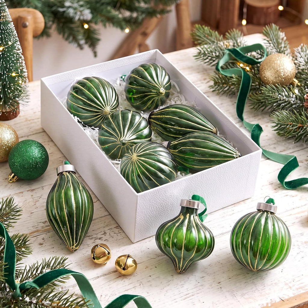 Vintage Neutral Christmas Ball Ornaments, Dark Green - Set of 9