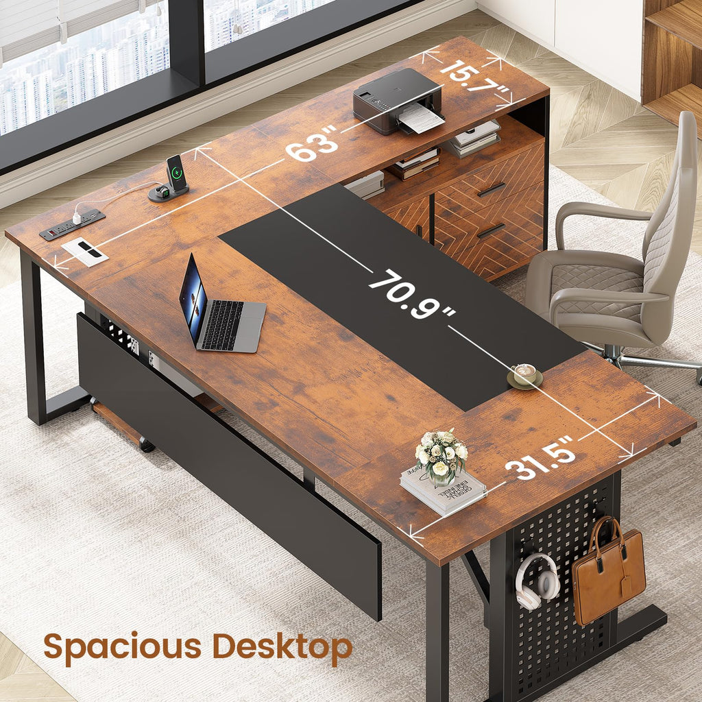 71" Executive Desk with Rolling File Cabinet, Large Office Desk with Drawers, L Shaped Computer Desk with Power