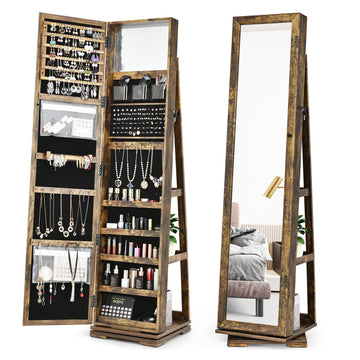 360 Rotating Jewelry Armoire Cabinet, Standing Jewelry Organizer w/Full-Length Mirror & Large Storage Space, Lockable
