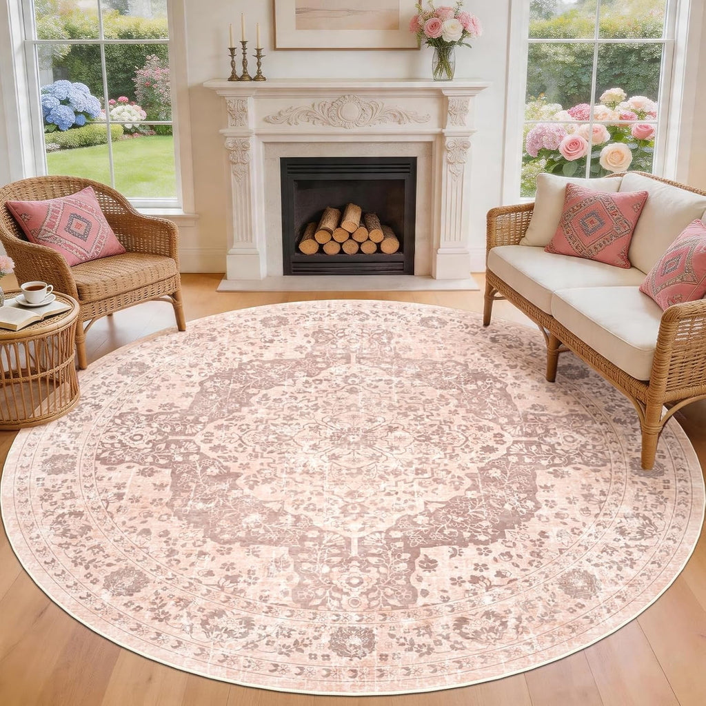 Boho 8ft Vintage Washable Round Area Rug