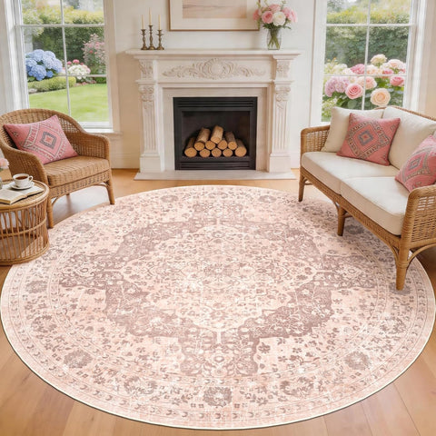 Boho 8ft Vintage Washable Round Area Rug