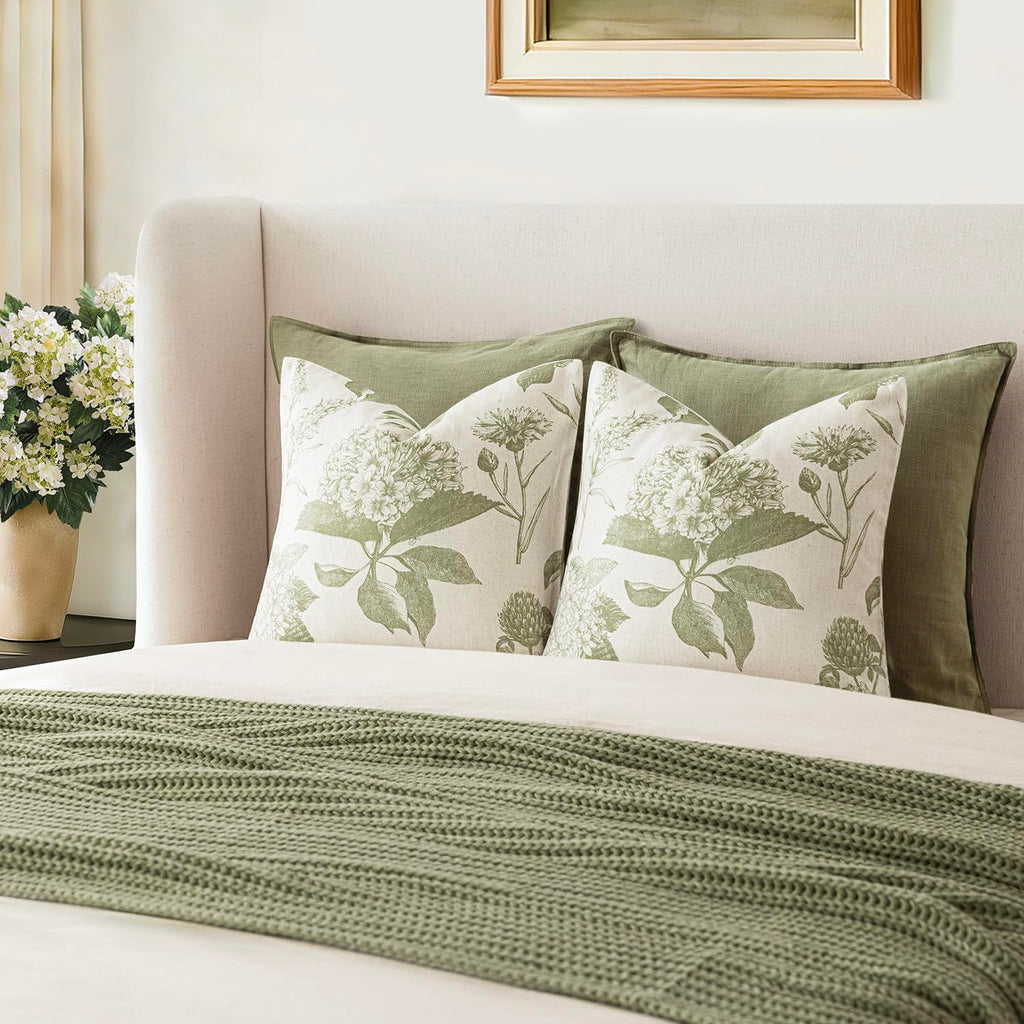 Decorative Linen Floral Throw Pillow Covers 22×22 Light Green