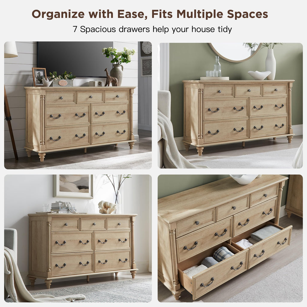 Farmhouse 7-Drawer Dresser with Solid Wood Feet, Natural Oak