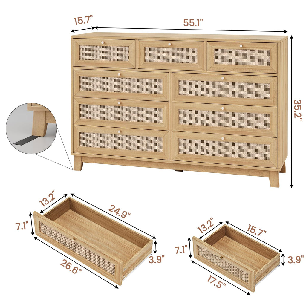 Rattan, 9 Drawer with Natural Rattan Drawers, Wooden Tall Cabinet with Gold Handles, Modern Closet Storage Chest of
