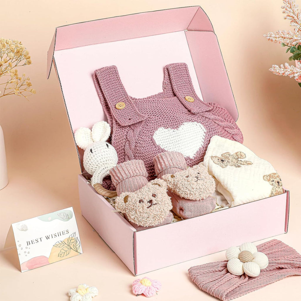 Gift Set for Shower Gifts Basket Pink Essentials with Knitted Sweater Infant Rattle Socks Bear Blanket Flower