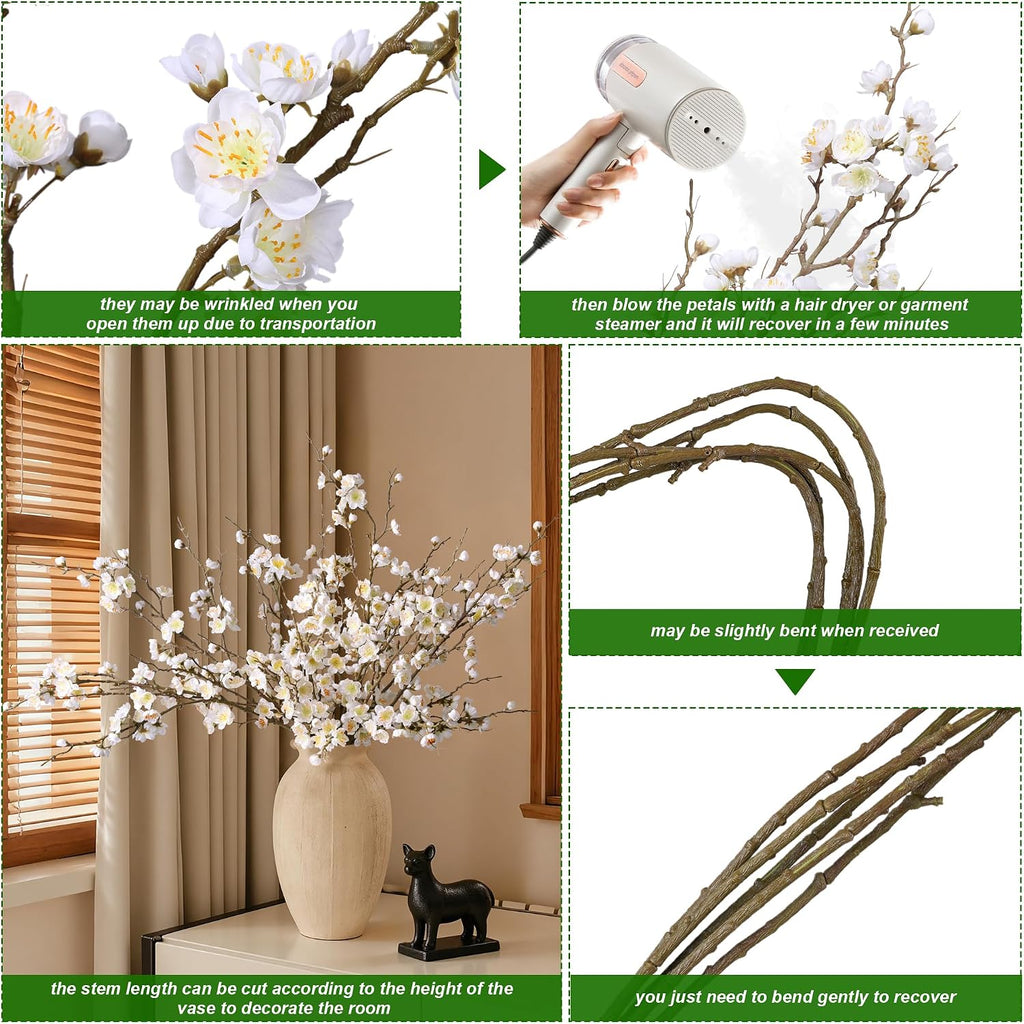 Artificial Cherry Blossom Branches Spring Indoor Decoration, Faux Flowers 34.45" Long Stems Plum Fake Peach - Set of 6