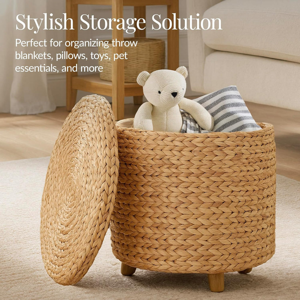 17" Round Storage Ottoman W/Lid, Handwoven Water Hyacinth Footstool, Footrest w/Wooden Legs, Accent Side Table