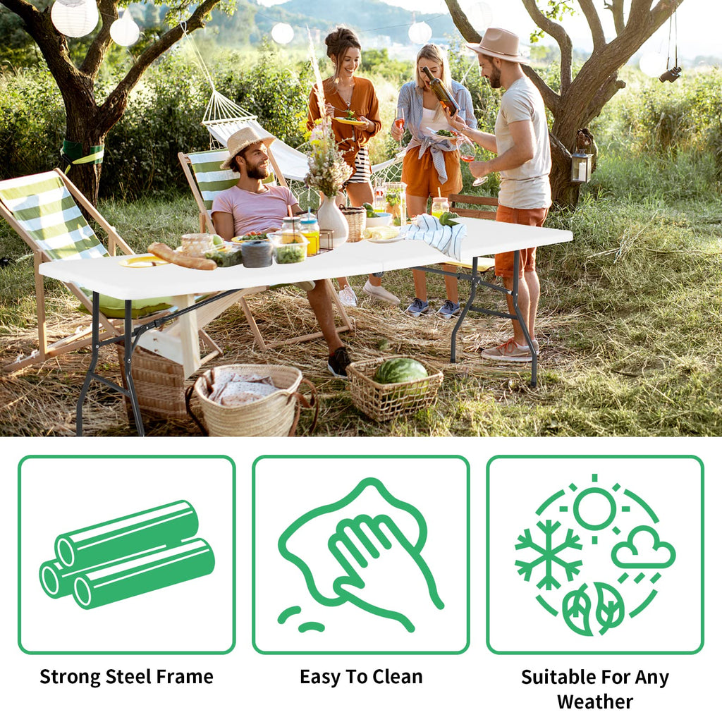 8FT Folding Table, Heavy Duty Foldable Table with Handle, Portable Fold-in-Half Utility Tables for Indoor & Outdoor