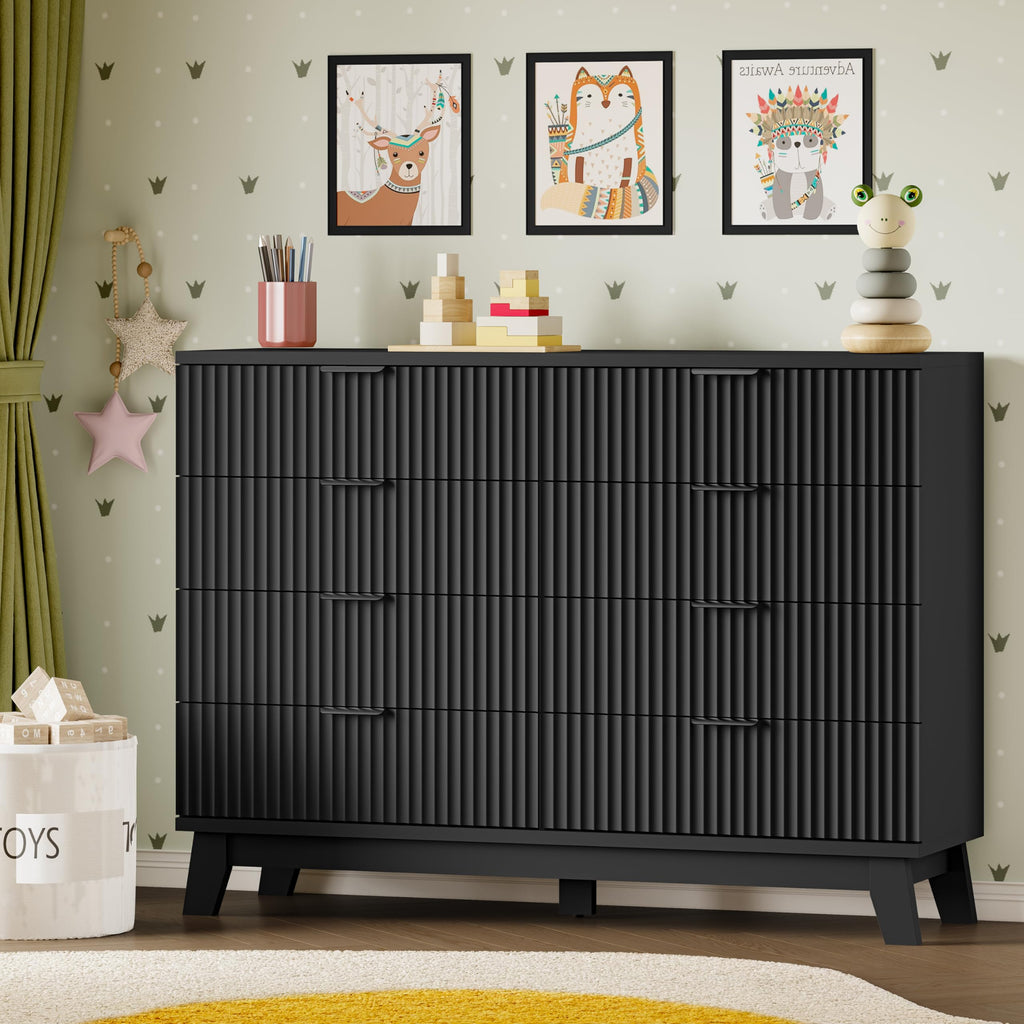 53" Wide, 8-Drawer Fluted Chest of Drawers, Modern Wood Highboy with Metal Slides and Handles, Anti-Tip Kit