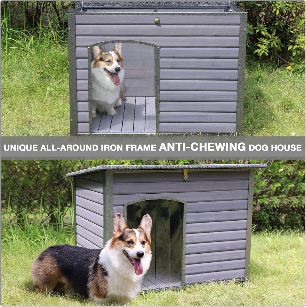 Dog House Outdoor Insulated Dog House for Small Medium Large Dogs, Natural Wood with Iron Frame, Waterproof Roof