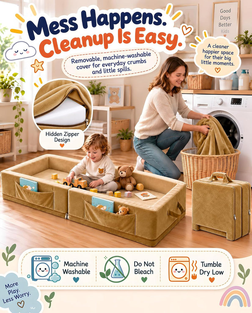 Toddler Portable Travel Bed - Foldable & Washable Floor Bed, Beige