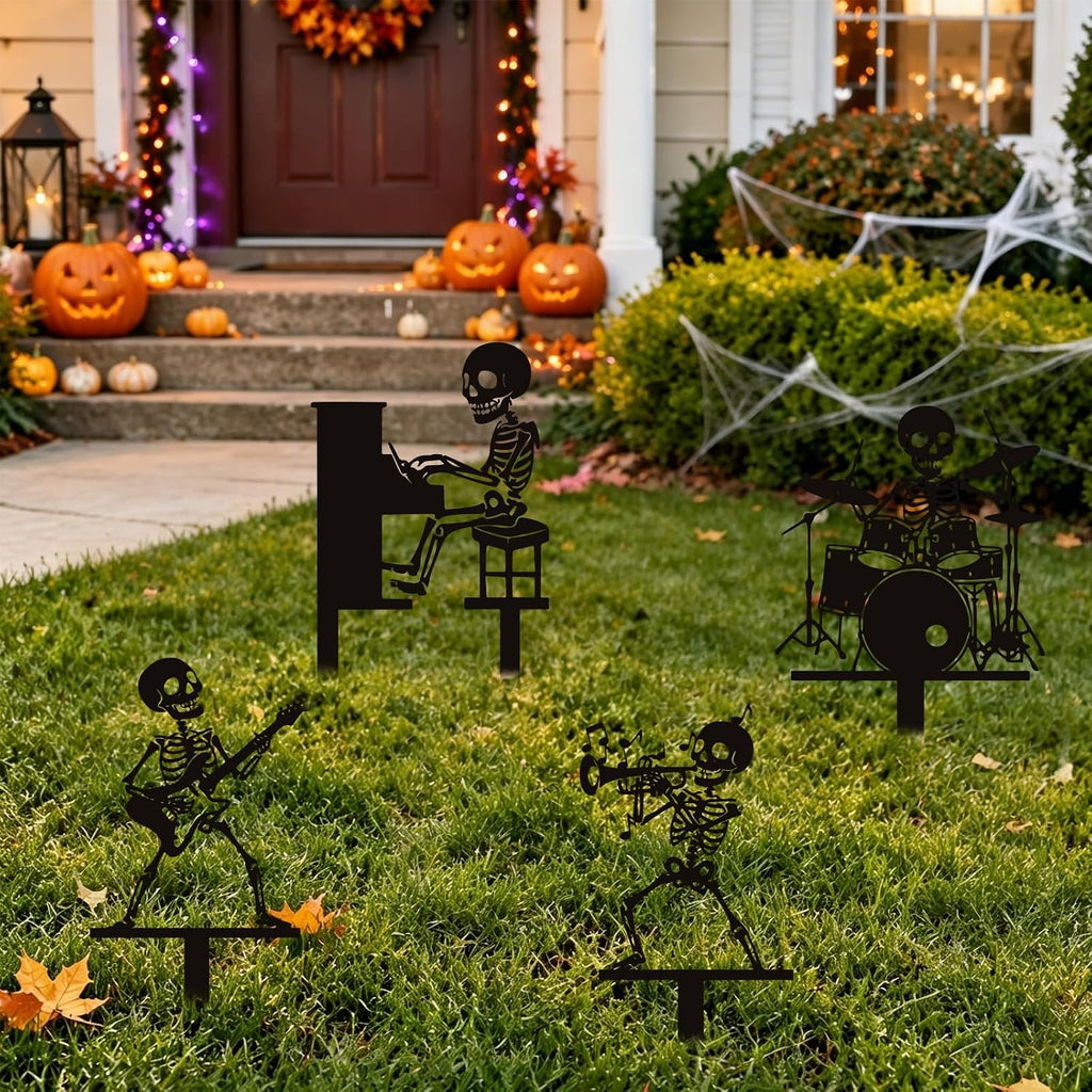 Halloween Yard Signs Decorations, Metal Skeleton Outdoor Halloween Yard Signs, Gothic Scary Themed Garden Stakes - Set of 4