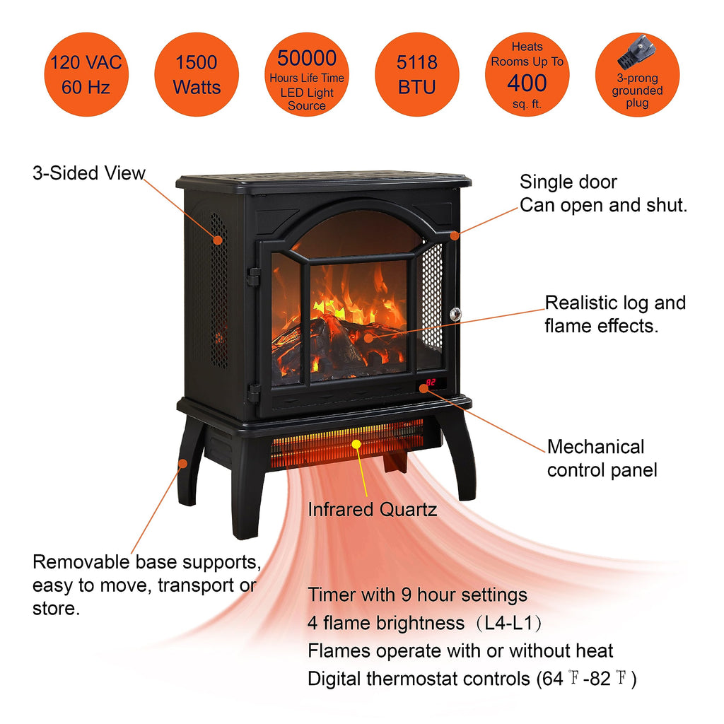 Freestanding Electric Fireplace Heater,Portable Infrared Fireplace Stove with 4 Types of 3D Realistic Flame