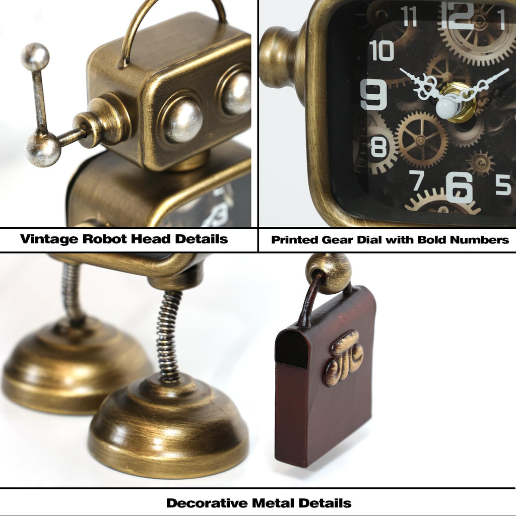 Industrial Steampunk Robot Table Clock, Battery Operated Handcrafted Metal Desk&Shelf Clock, Retro Mechanical