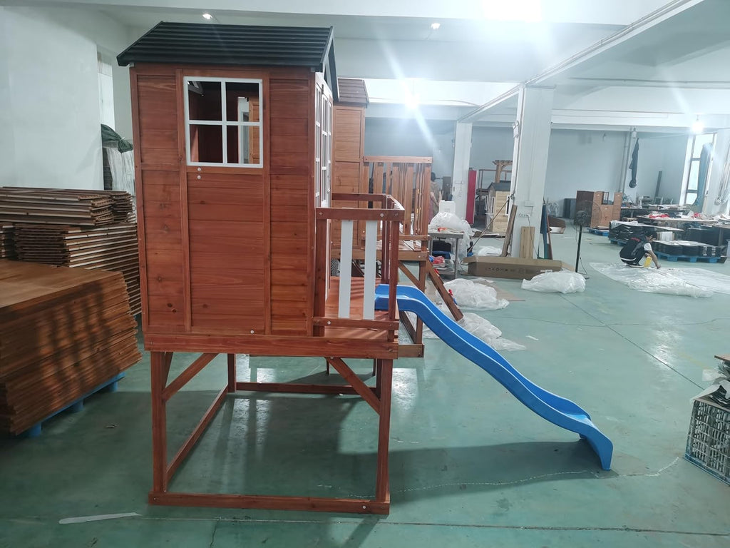 Kids Playhouse with Slide, Climbing Wall, Door & Windows, Outdoor | Outdoor wooden kids playhouse with slide climbing