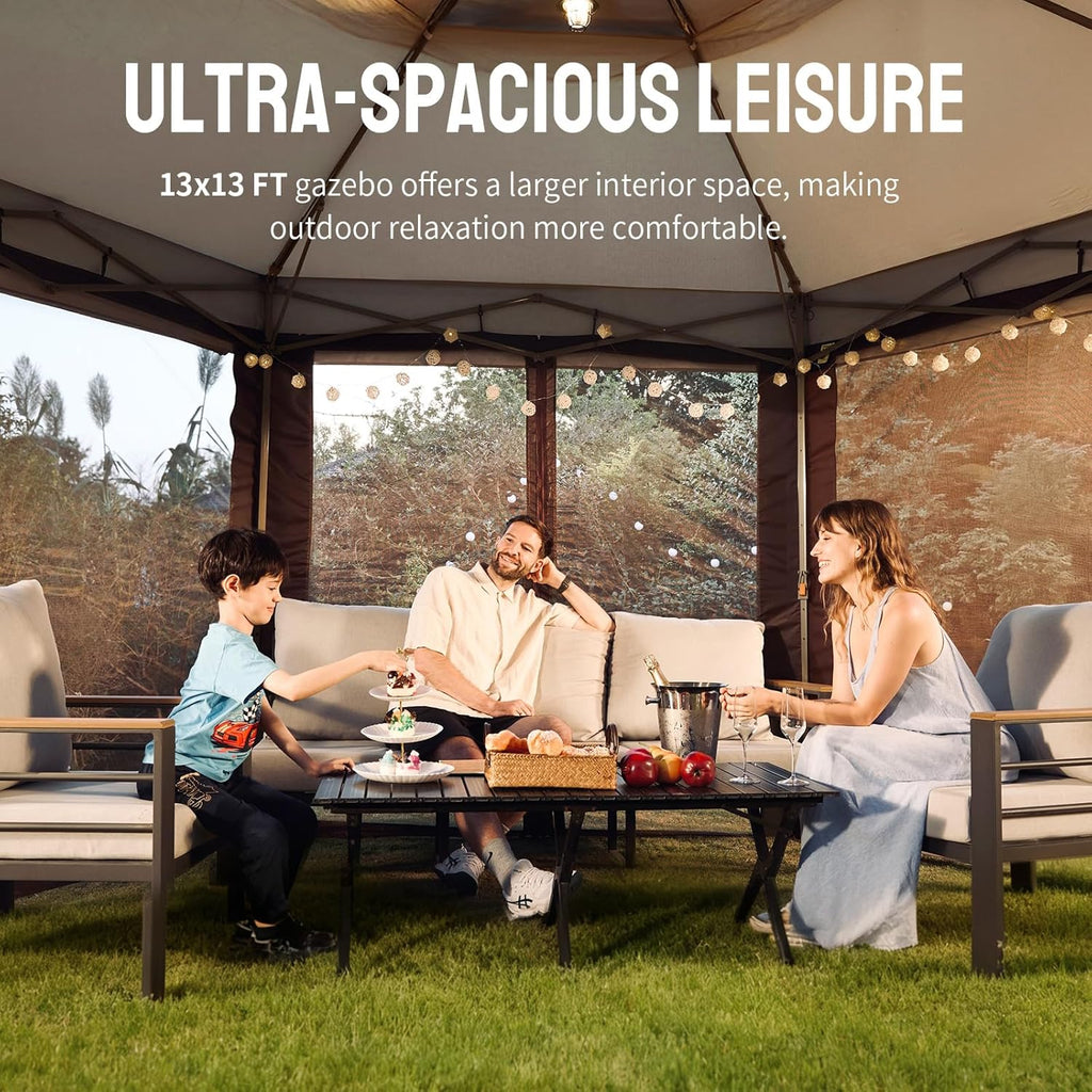 13x13 Pop Up Gazebo with Mosquito Nettings, Beige&Coffee | Portable Gazebo with CENTERLOK