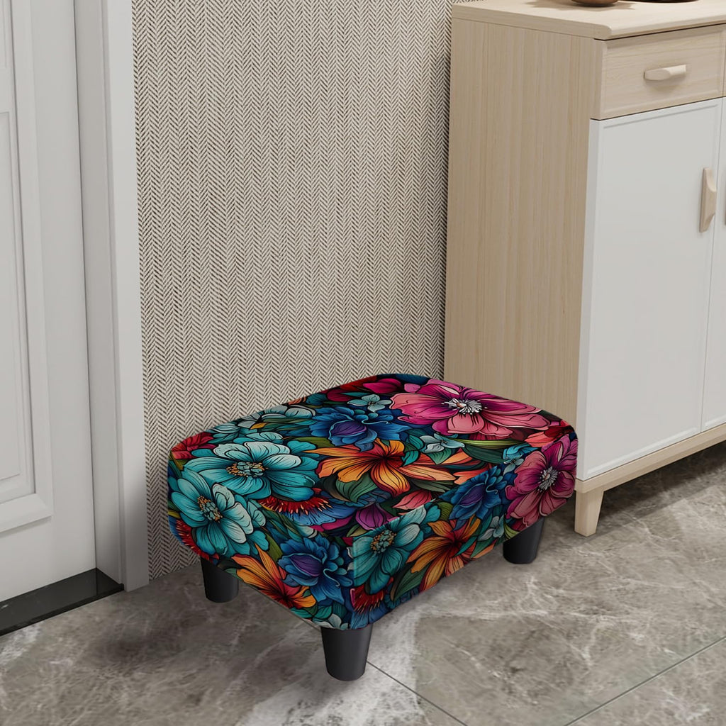 Flower Small Foot Stool Ottoman, Vintage Floral Linen Footrest for Couch
