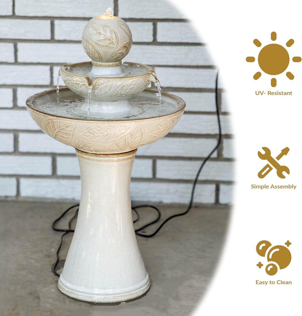 Gentle Glow 26.5" H 2-Tier Ceramic Outdoor Fountain with LED Light - Tiered Water Feature with Electric Pump - Off-White