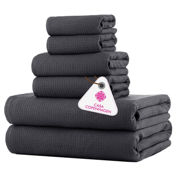 Waffle 6Pcs 100% Egyptian Cotton Large Designer Towels Gift Set- Silver Grey, 2Bath 2Hand 2Washcloths, Bath Towels