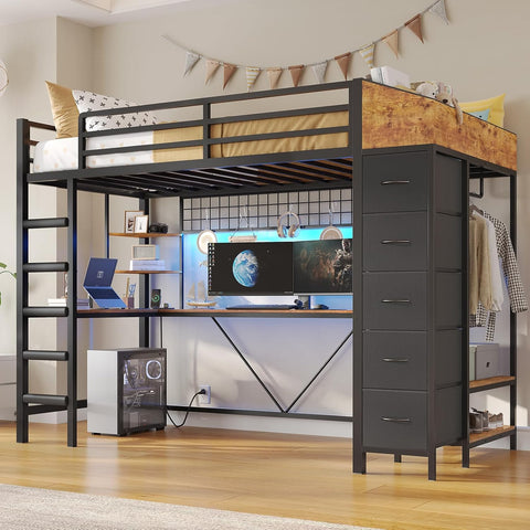 Loft Bed Twin with Hall Tree, Charging Station and LED Lights, Metal Loft Bed with L-Shaped Desk, 5 Storage Drawers