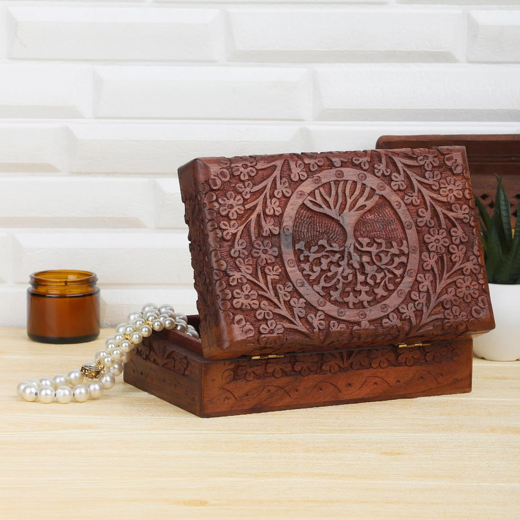 Hand Carved Wooden Keepsake Box, Tree of Life Jewelry Box for Women