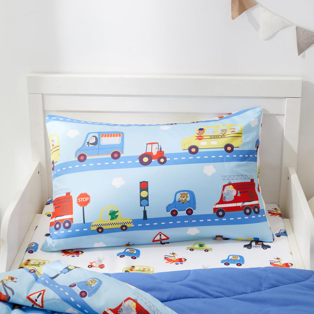 4-Piece Toddler Bedding Set, Includes 1 Flat Sheet, 1 Fitted Sheet, 1 Comforter and 1 Reversible Pillowcase, Standard