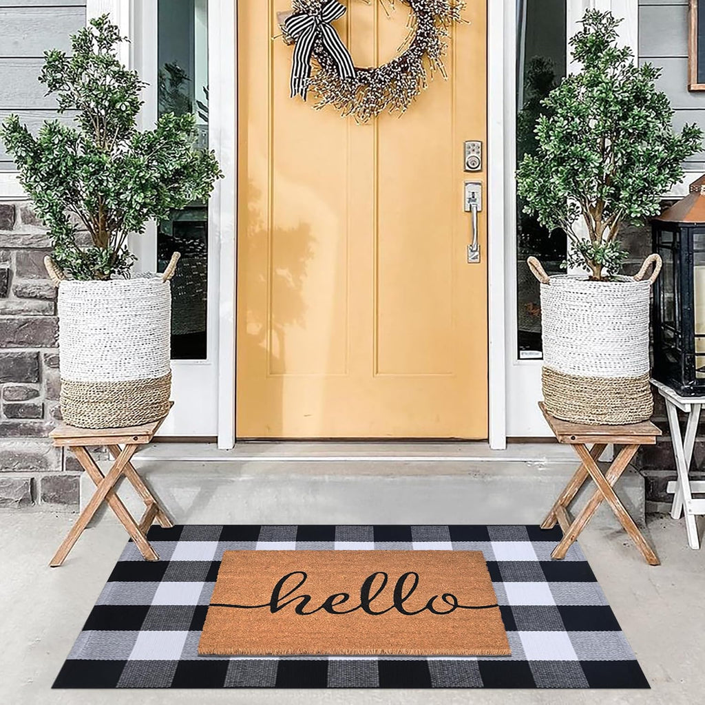 Front Door Mat Combo Set, Hello 100% Coco Coir Welcome Doormat + 28" x 43" Layered Buffalo Black and White Plaid Rug