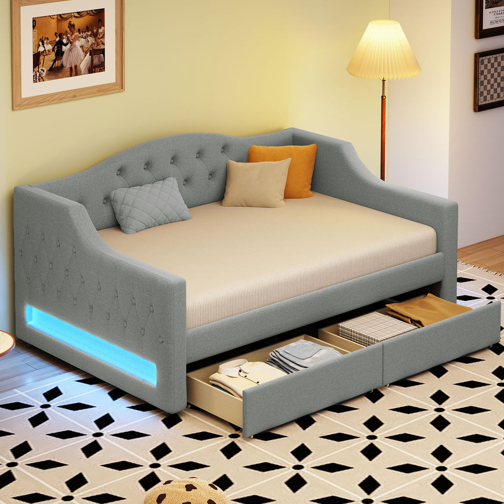 Twin XL Upholstered Daybed with LED Lights, Twin XL Corner Daybed Frame with Drawers, Linen, Light Gray