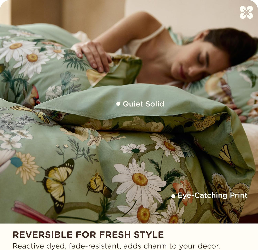 Floral Duvet Cover Queen - 100% Cotton Reversible Flowers and Birds Pattern Duvet Cover Set, 3 Pieces Soft &