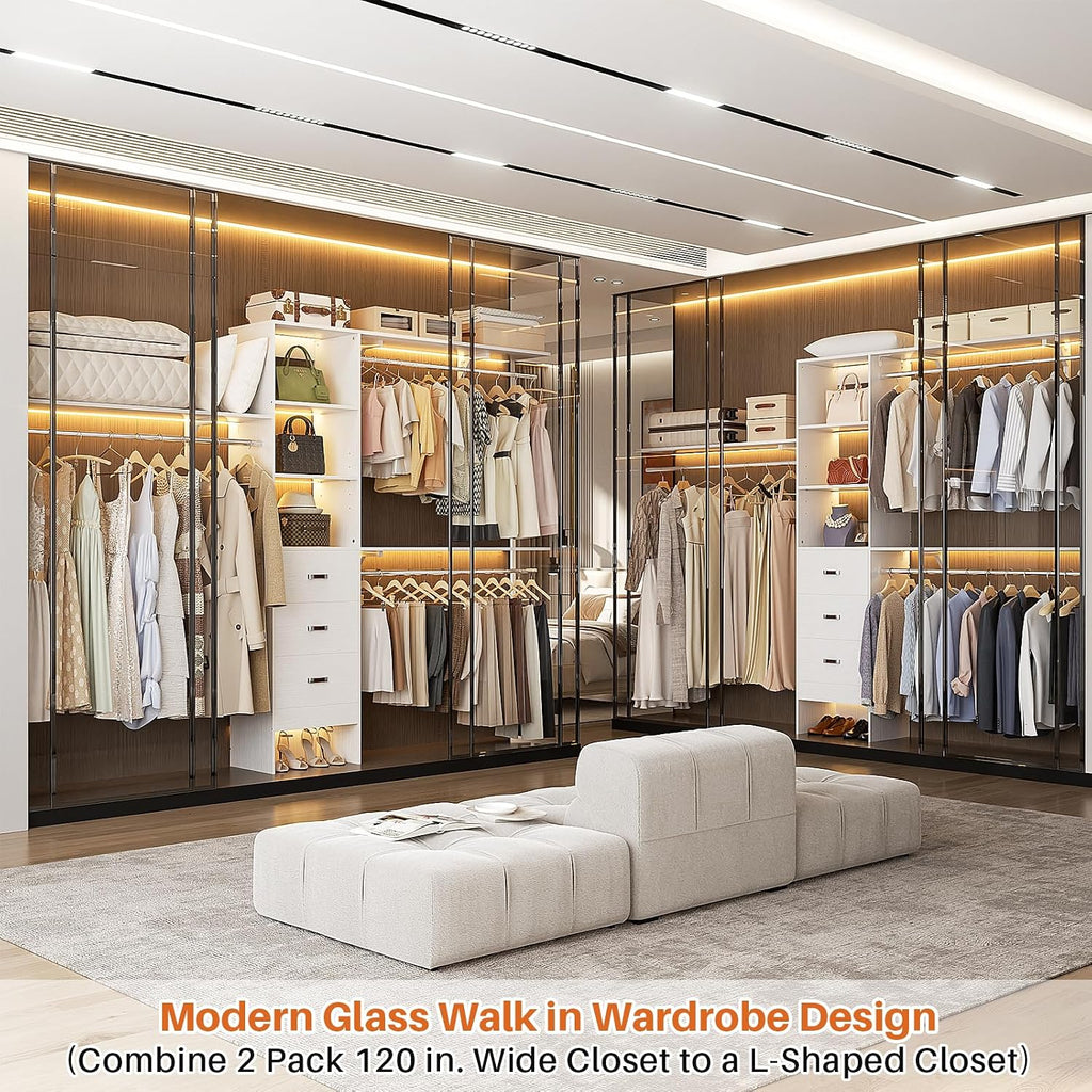 10FT Heavy Duty Closet System, 120 Inches Walk In Closet Organizer with 3 Wooden Drawers, 1300 LBS Built-In Wardrobe