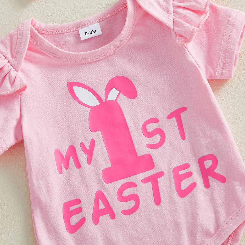 My First Easter Baby Girl Outfit Newborn 1st Letter Romper Bunny Tulle Tutu Skirt Girl Baby Dress (Pink