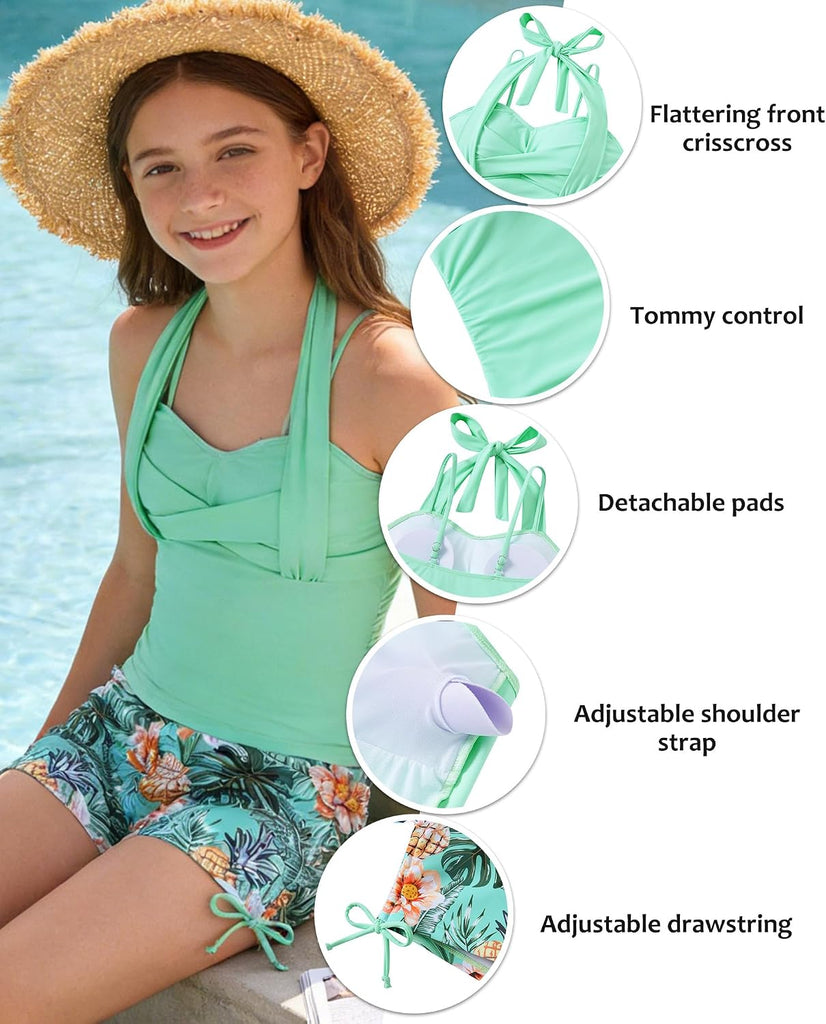Girls Tankini Swimsuit with Short 3 Piece Halter Adjustable Bathing Suits for Girls