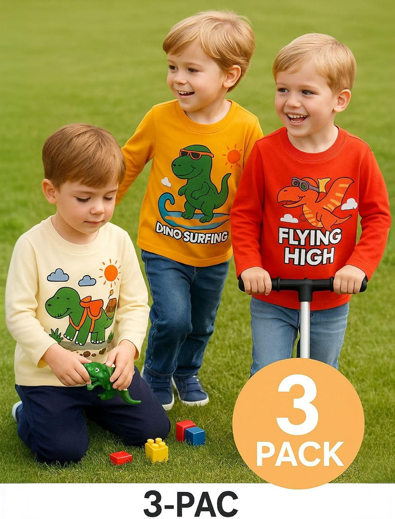 Toddler Boys Long Sleeve Shirts Graphic Cotton Casual Crewneck Tops, Fall Winter Layering Tees 3 Pack