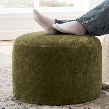 Upholstered Round Green Pouf Ottoman, Modern Footstool