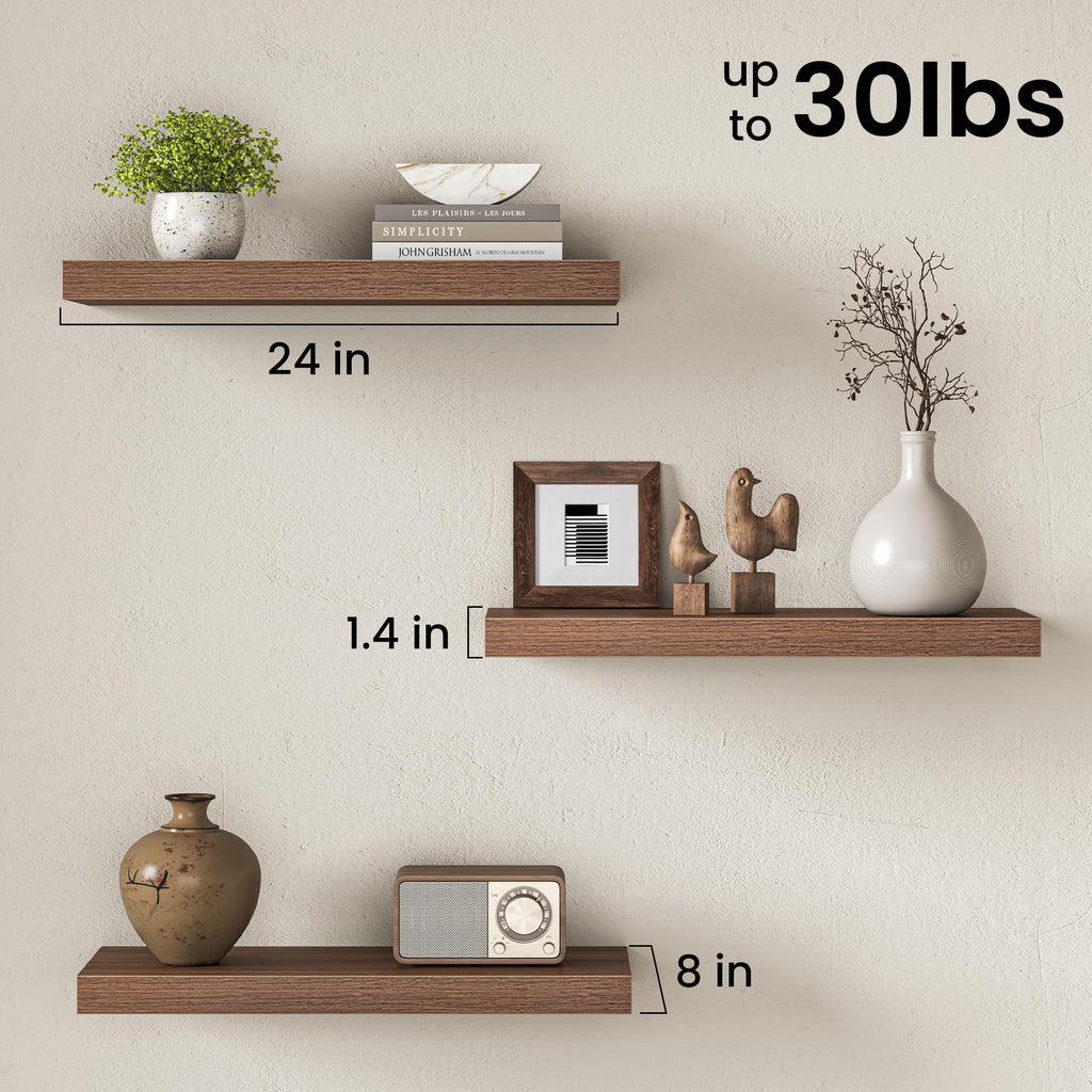 24 Inch Floating Shelves - 8 Inch Deep Rustic Walnut Wooden Wall Shelves - Extra Deeper & Thicker Wall Mounted