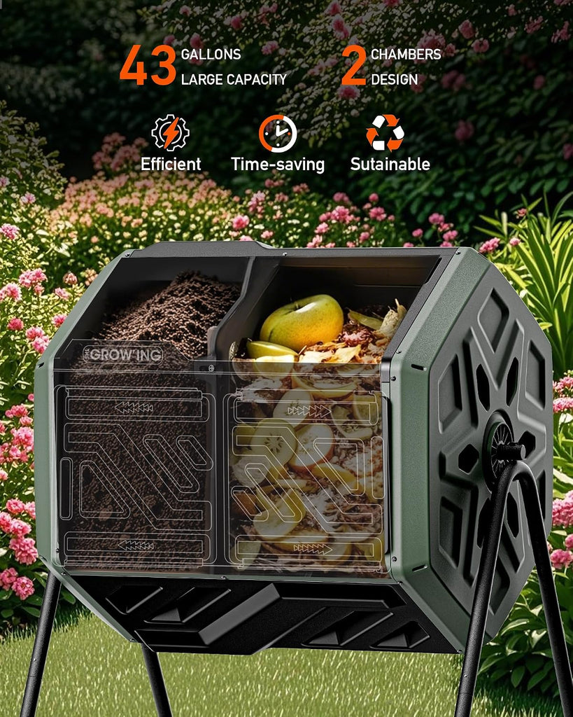 THE Growing 43 Gal Outdoor Compost Bin Tumbler for Backyard Garden, Green | Twin 21.5gal chambers match garden lawns.