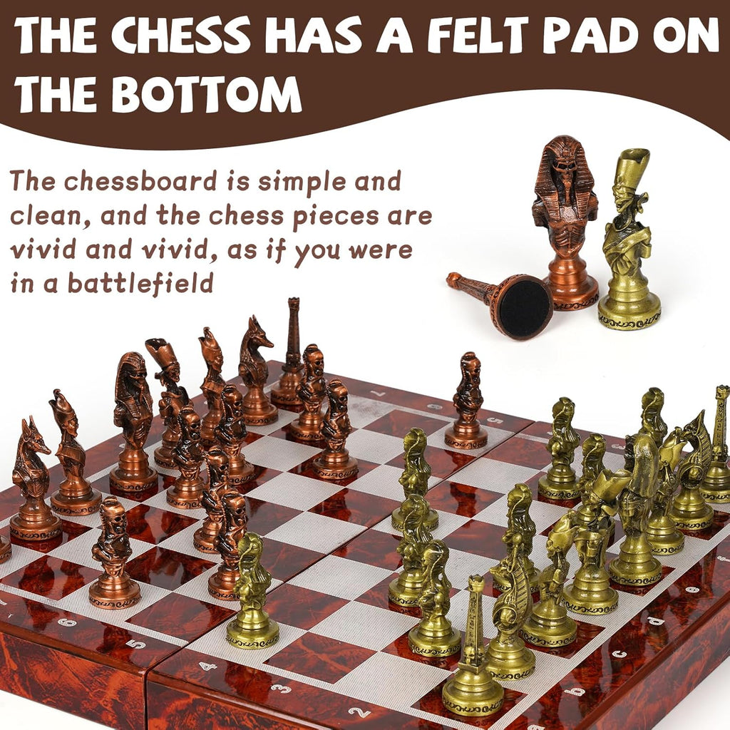 Large Egyptian Metal Chess Set for Adults - 15 Inch Foldable Wooden Chess Board with Weighted Antique Chess Pieces