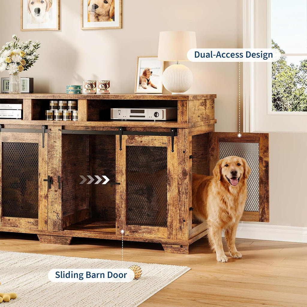 Dog Crate Furniture for 2 Dogs, Extra Large Double Dog Kennel Indoor with Removable Divider and Storage Drawers