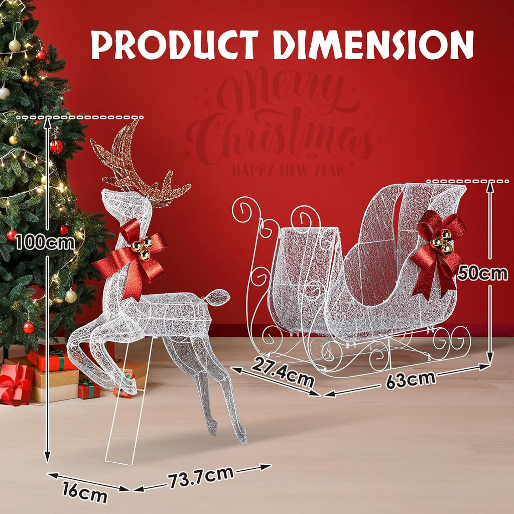 Christmas Decorations: Lighted Reindeer & Sleigh Outdoor Display, Multicolor, 270 LED Lights, Weatherproof, Easy