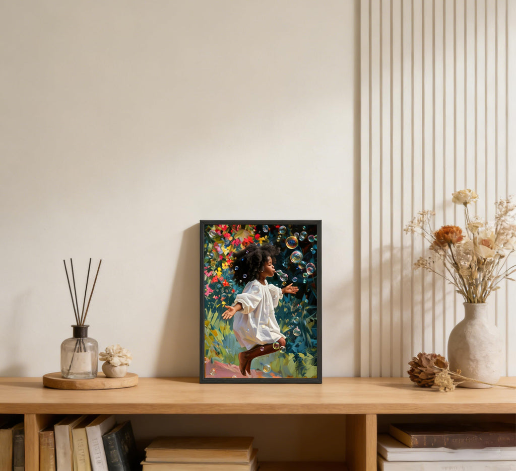 Framed Black Gir Wall Art, Beautiful Bubbles Painting Canvas Prints, African American Picture Wall Decor, Elegant
