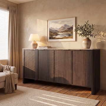 63" Buffet Cabinet with Faux Marble Top, Curved Sides, 4 Doors, Walnut
