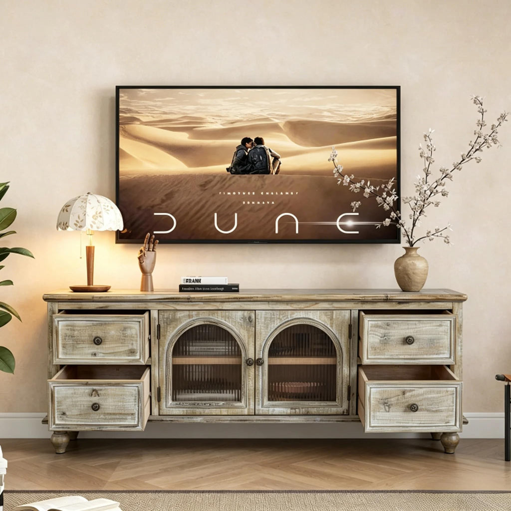60" Solid Wood Farmhouse TV Stand, Media Console with Doors & Drawers