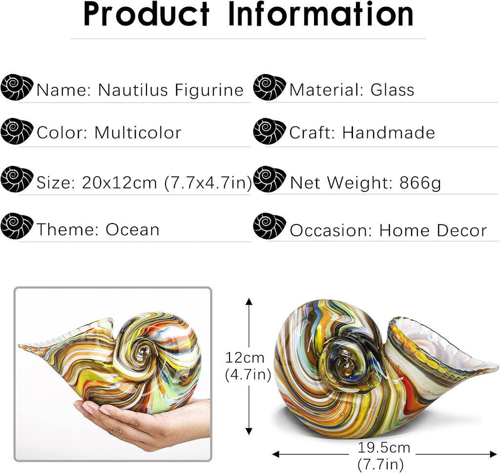7.7" Glass Nautilus Conch Figurines, Hand Blown Seashell Art